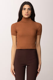 Elisabetta Franchi Maglia Crop con Trasparenze e Bottoncini MK01S62E2 CUOIO