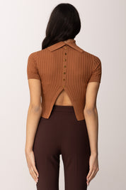 Elisabetta Franchi Maglia Crop con Trasparenze e Bottoncini MK01S62E2 CUOIO