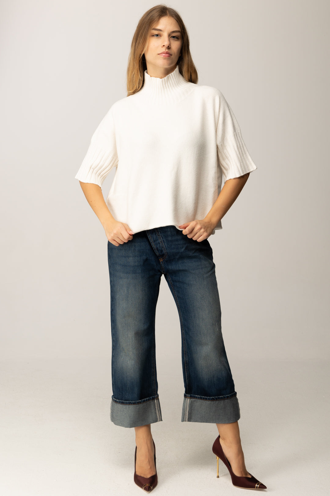 Manila Grace Maglia Dolcevita con Maniche 3/4 M433VU OFF WHITE