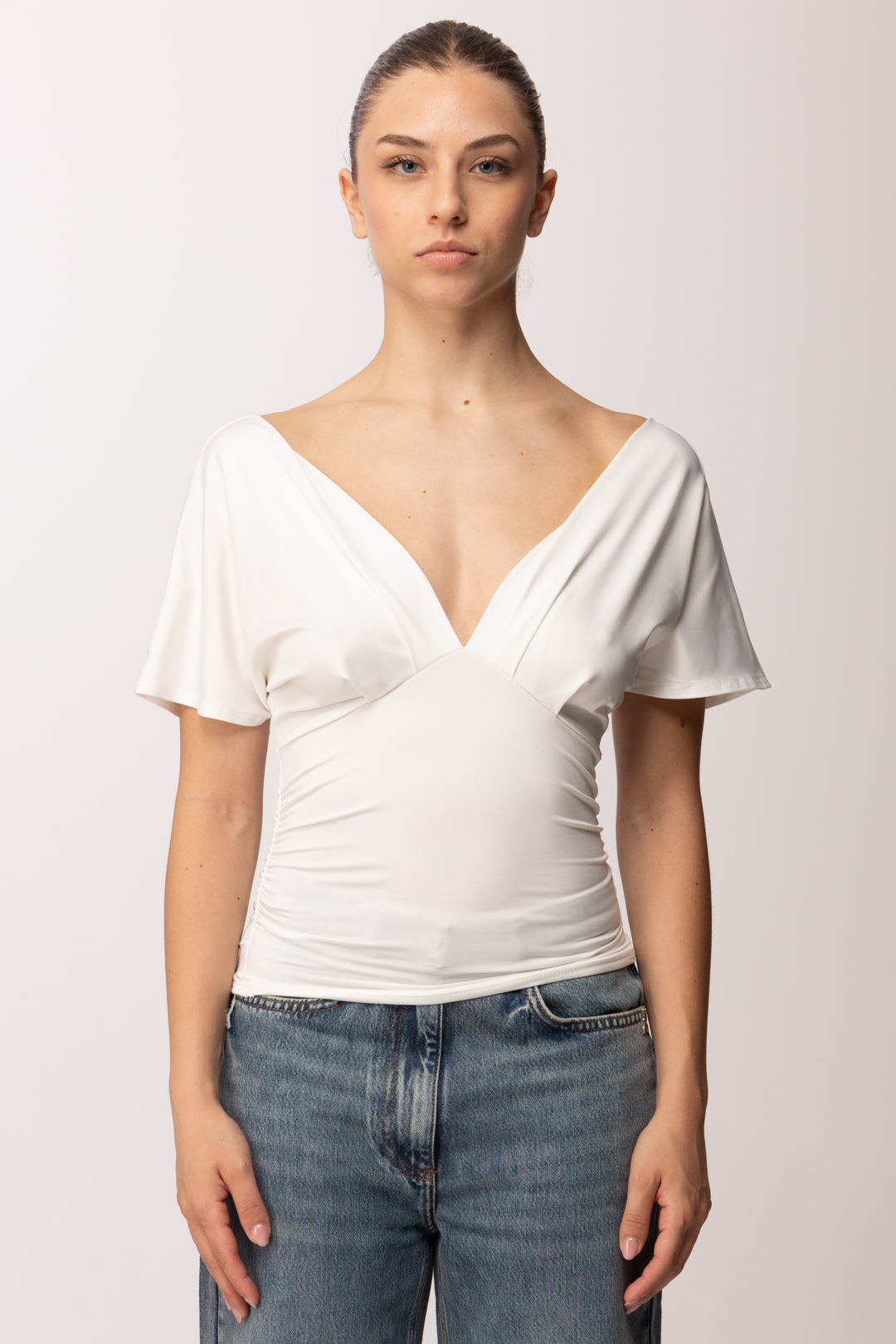 Khloe Femme Maglia Drappeggiata con Scollo a V P3300 PANNA