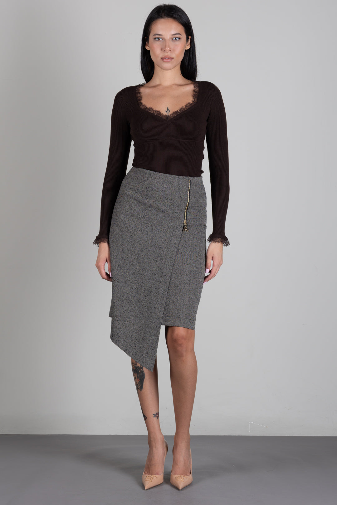Twin-set Maglia Fitted a Coste con Pizzo 262TP3390 DARKNESS BROWN