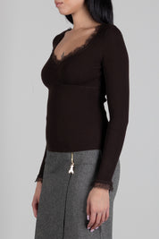 Twin-set Maglia Fitted a Coste con Pizzo 262TP3390 DARKNESS BROWN