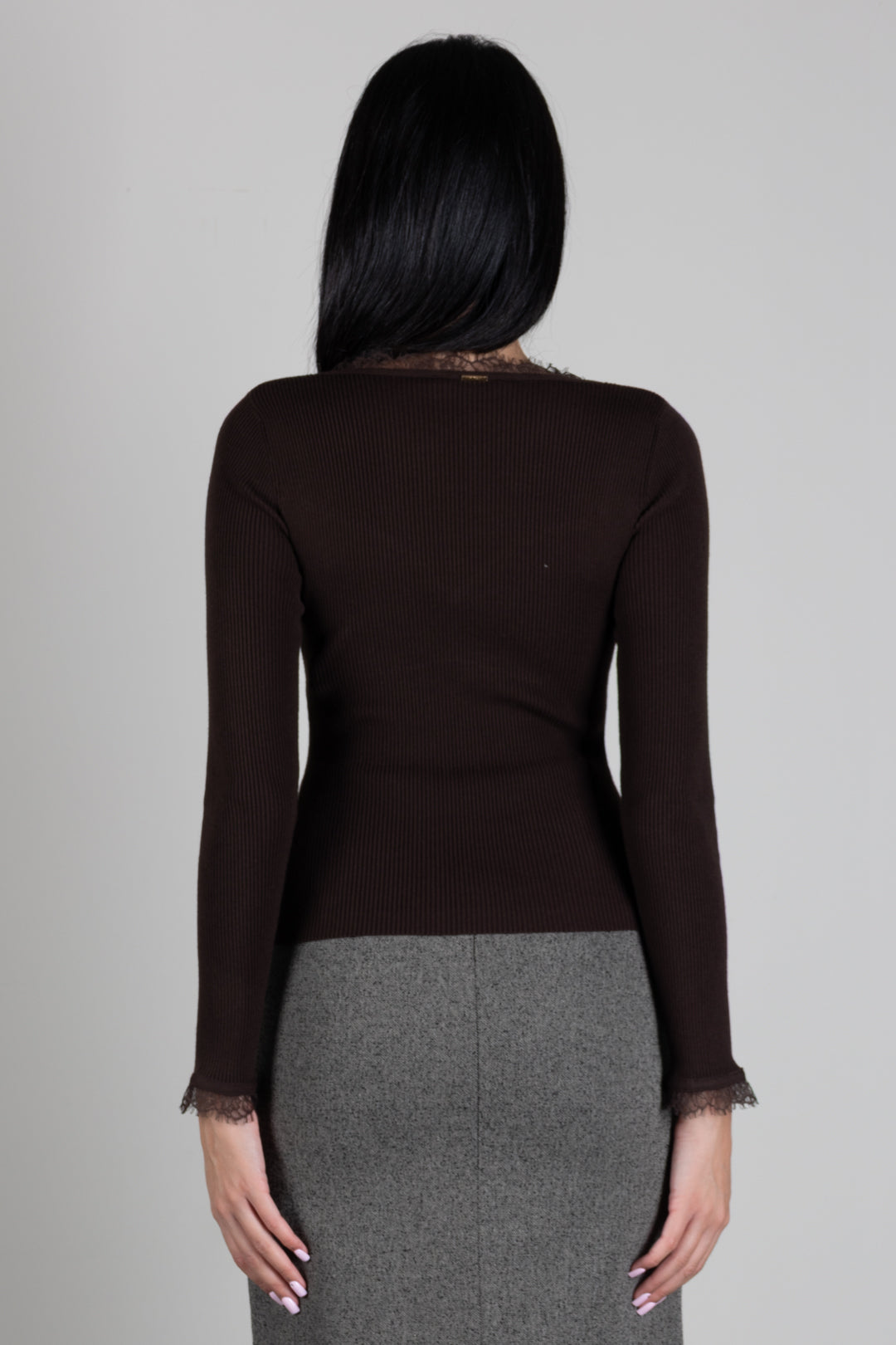 Twin-set Maglia Fitted a Coste con Pizzo 262TP3390 DARKNESS BROWN