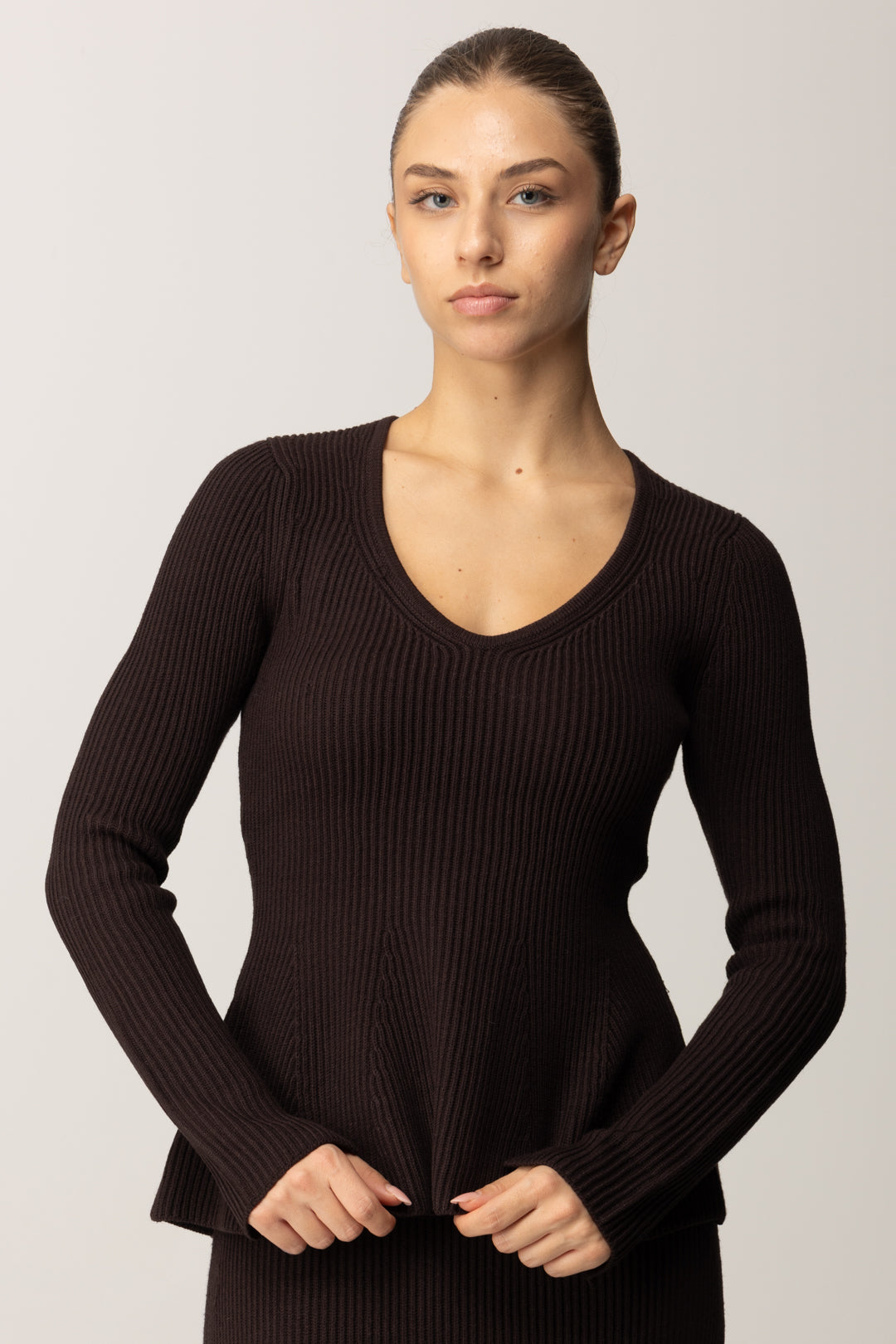 Twin-set Maglia Fitted a Costine con Svasatura 252TT3141 BLACK CHOCOLATE