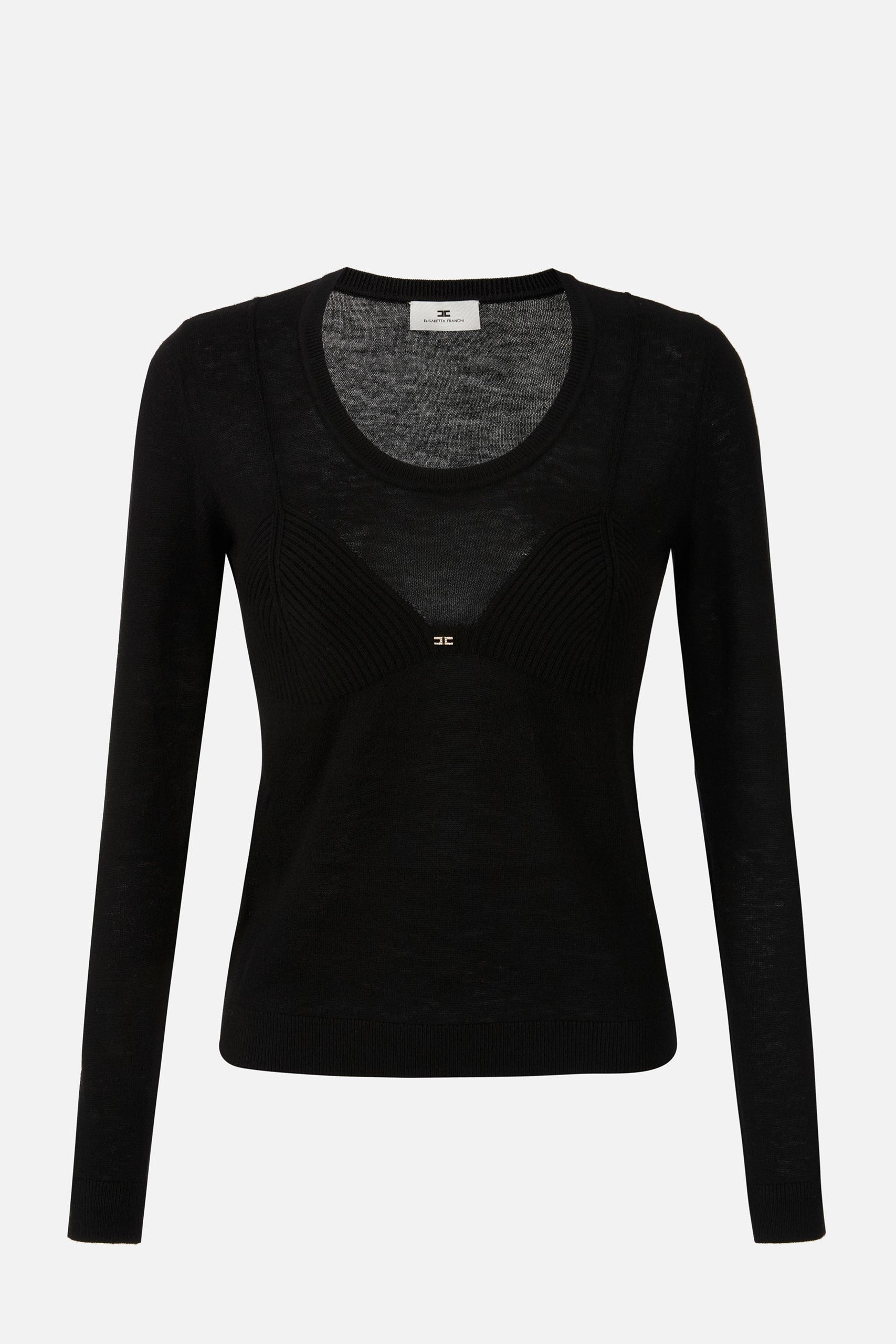 Elisabetta Franchi Maglia Girocollo con Inserto a Costine MK35S57E2 NERO