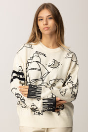 Pinko Maglia Girocollo con Ricami Pop BIANCO/BLU