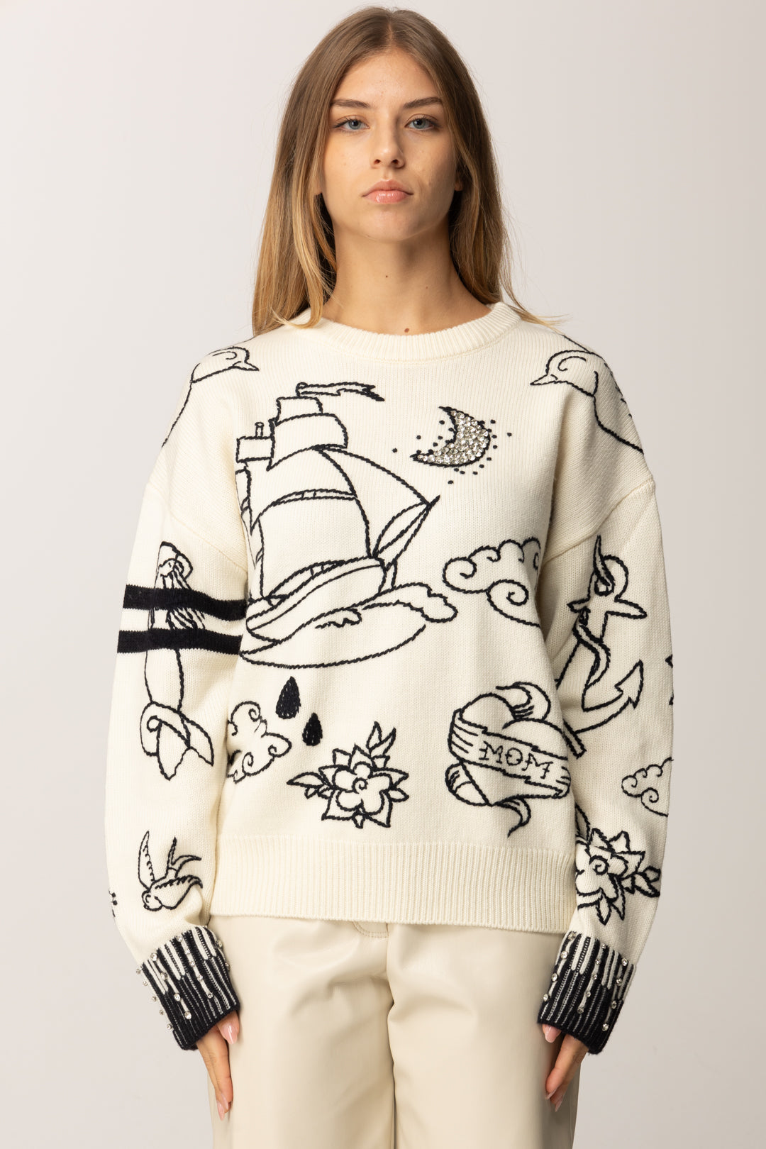 Pinko Maglia Girocollo con Ricami Pop BIANCO/BLU