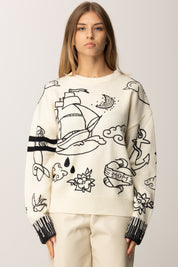 Pinko Maglia Girocollo con Ricami Pop BIANCO/BLU