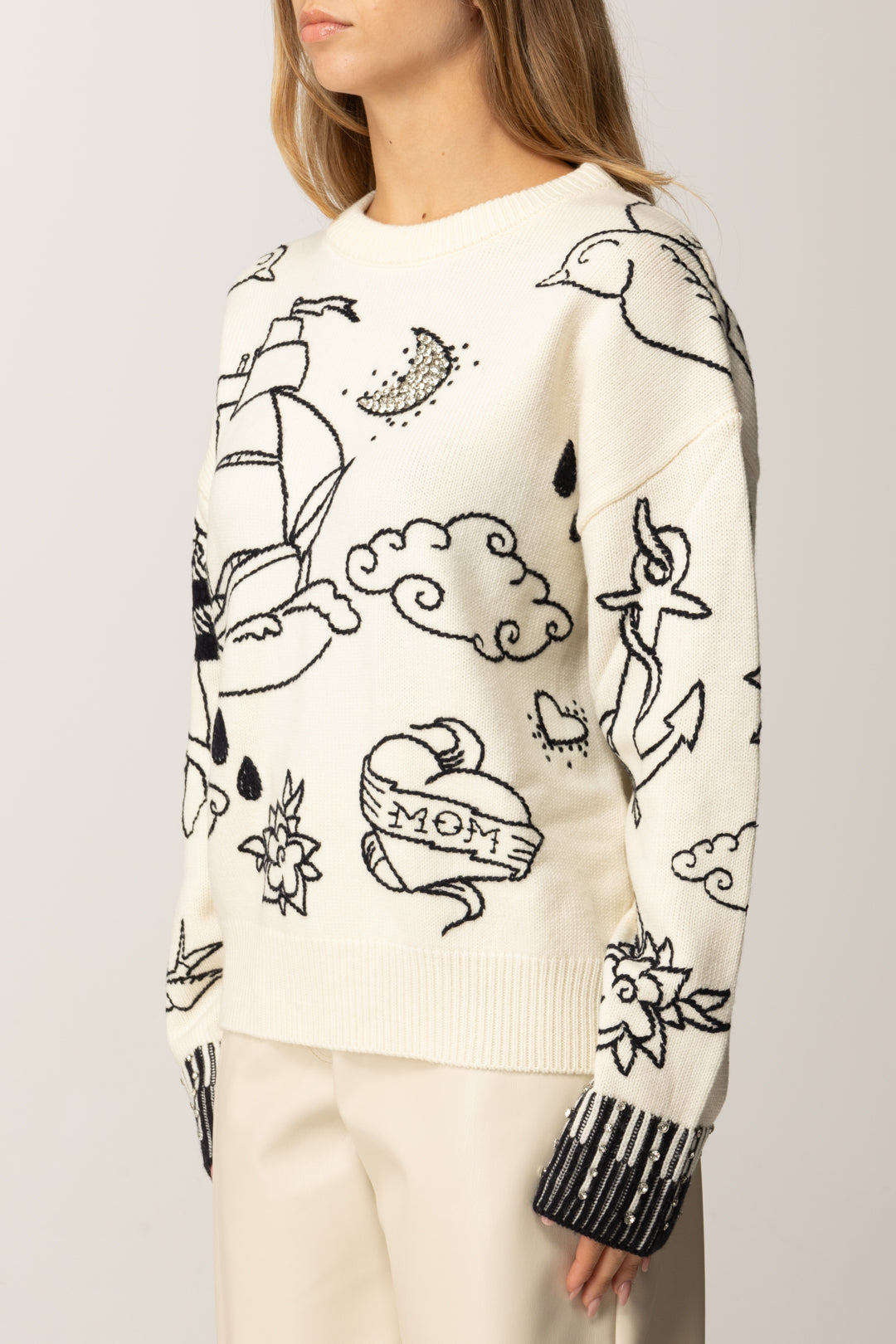 Pinko Maglia Girocollo con Ricami Pop BIANCO/BLU