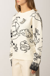 Pinko Maglia Girocollo con Ricami Pop BIANCO/BLU