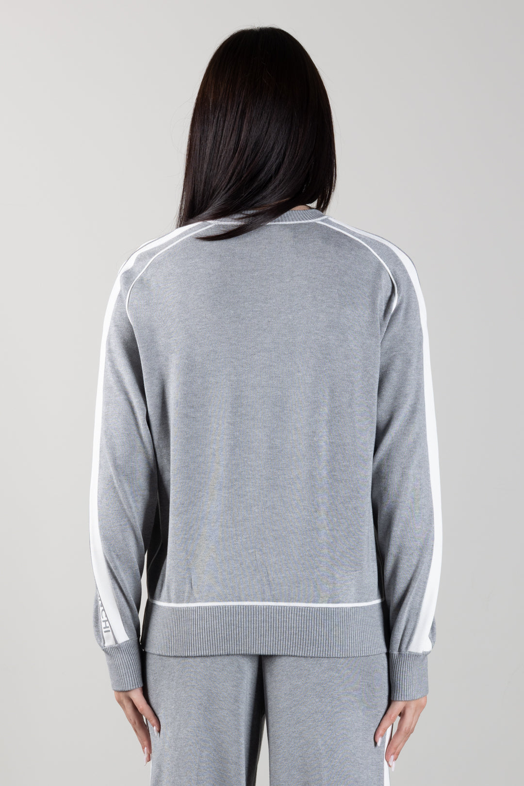 Elisabetta Franchi Maglia Girocollo con Stampa Lettering e Bande Logate MK14S66E2 GRIGIO MELANGE/AVORI