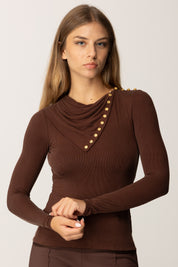 Elisabetta Franchi Maglia In Cupro con Bottoni Dorati e Oblò Sul Retro MD00356E2 COFFEE