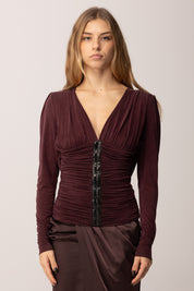 Elisabetta Franchi Maglia In Cupro con Dappeggio e Scollo Sul Retro MD01057E2 MERLOT