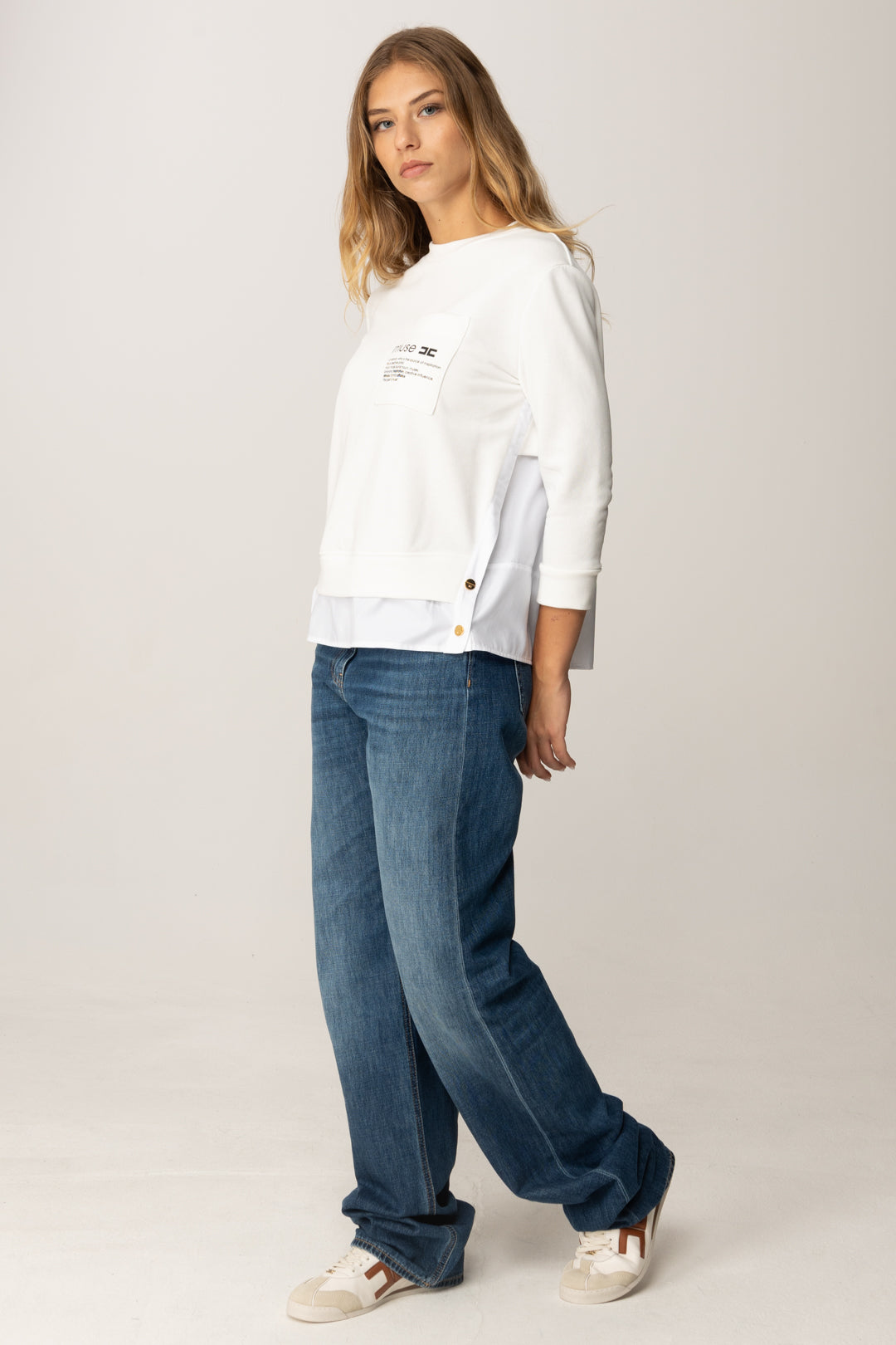 Elisabetta Franchi Maglia In Felpa con Dettagli In Popeline MD00656E2 AVORIO