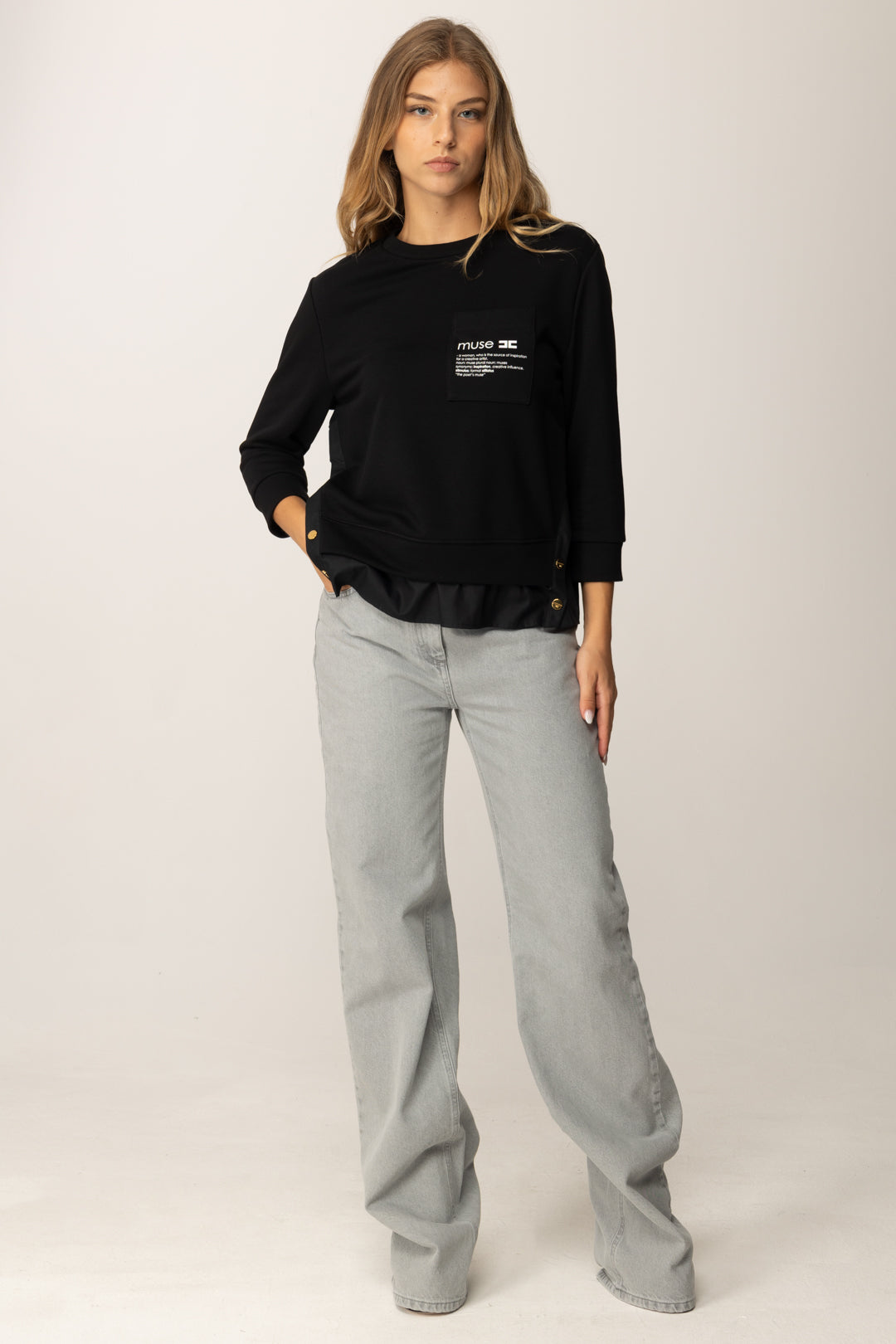 Elisabetta Franchi Maglia In Felpa con Dettagli In Popeline MD00656E2 NERO