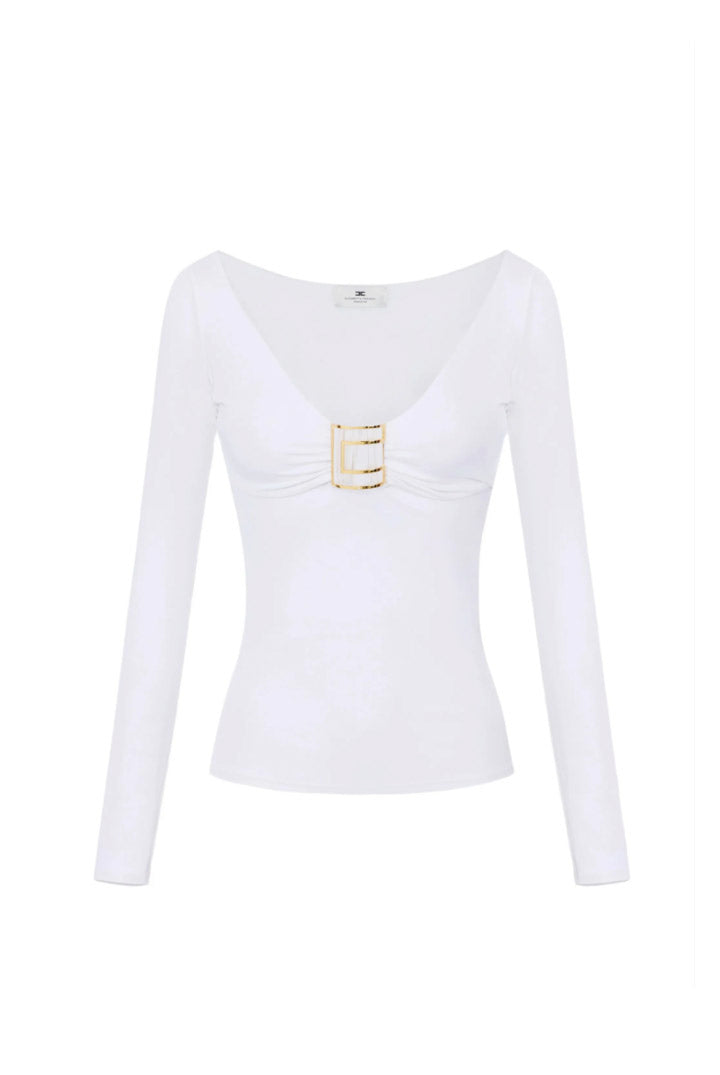Elisabetta Franchi Maglia In Jersey con Scollo Ampio e Placca Logo MD00567E2 AVORIO
