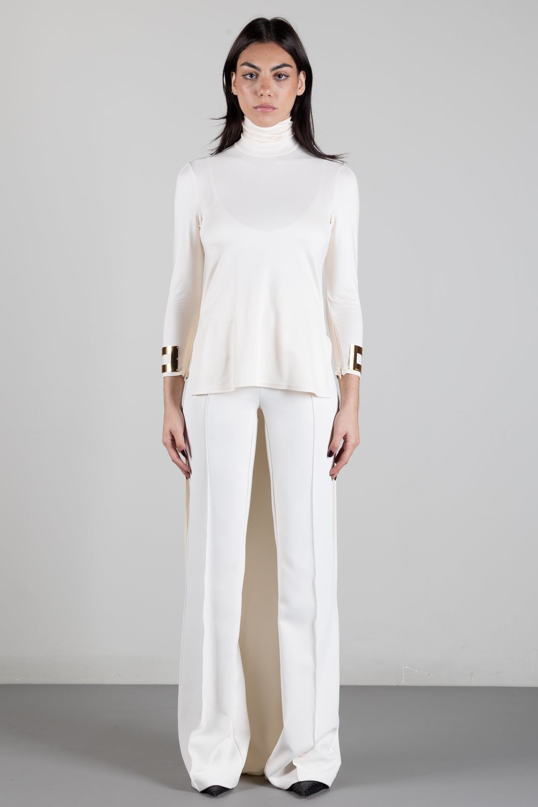 Elisabetta Franchi Maglia In Jersey Lucido con Collo Alto MD00467E2 BURRO