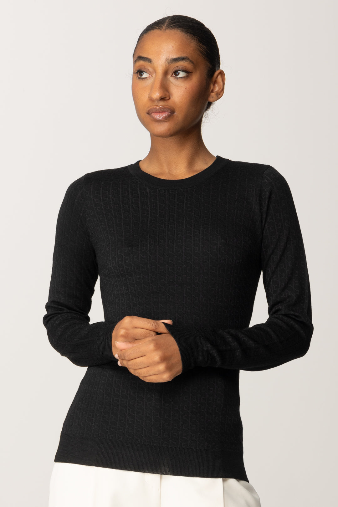 Elisabetta Franchi Maglia In Lana con Micro-logo Jacquard MK24S56E2 NERO