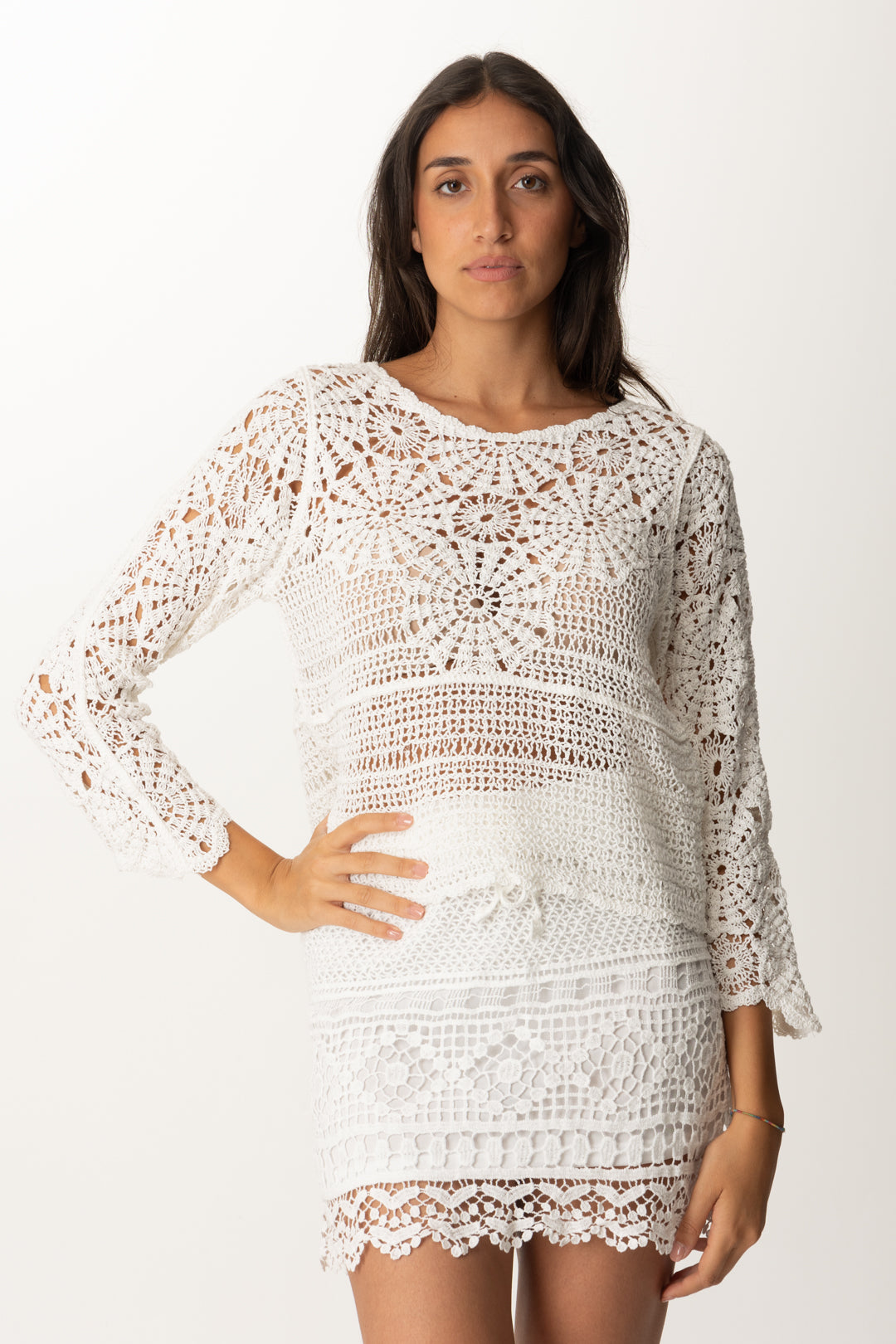 Khloe Femme Maglia In Macramé con Maniche a Tre Quarti BIANCO