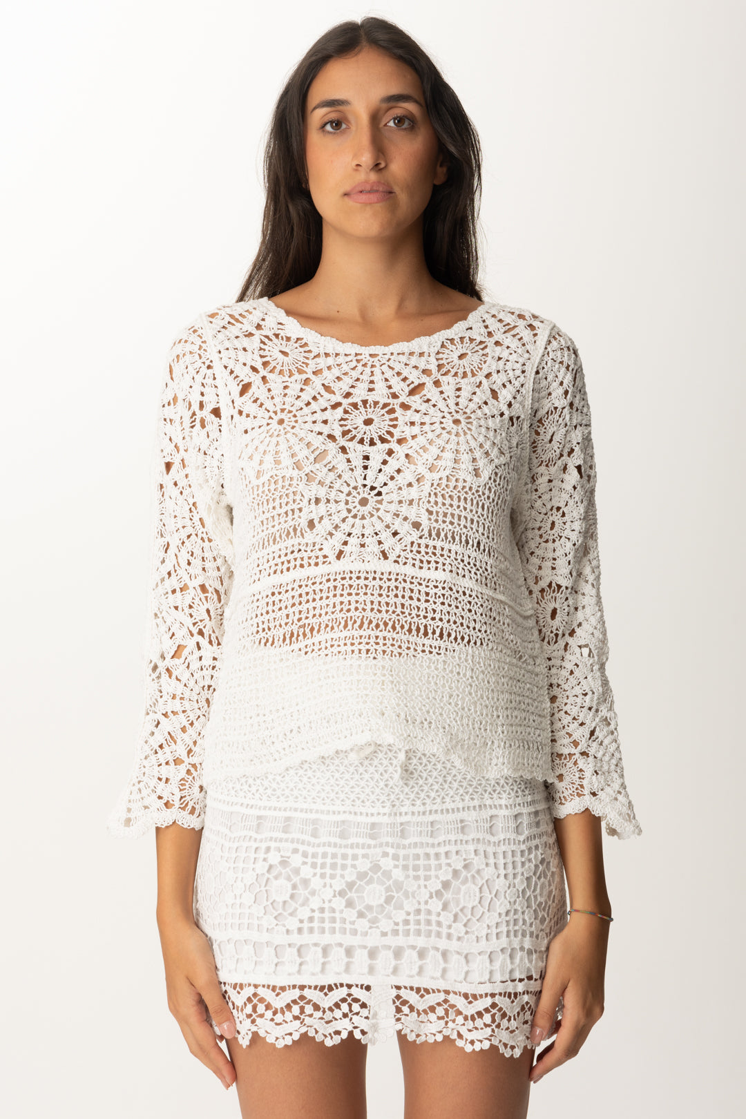 Khloe Femme Maglia In Macramé con Maniche a Tre Quarti BIANCO