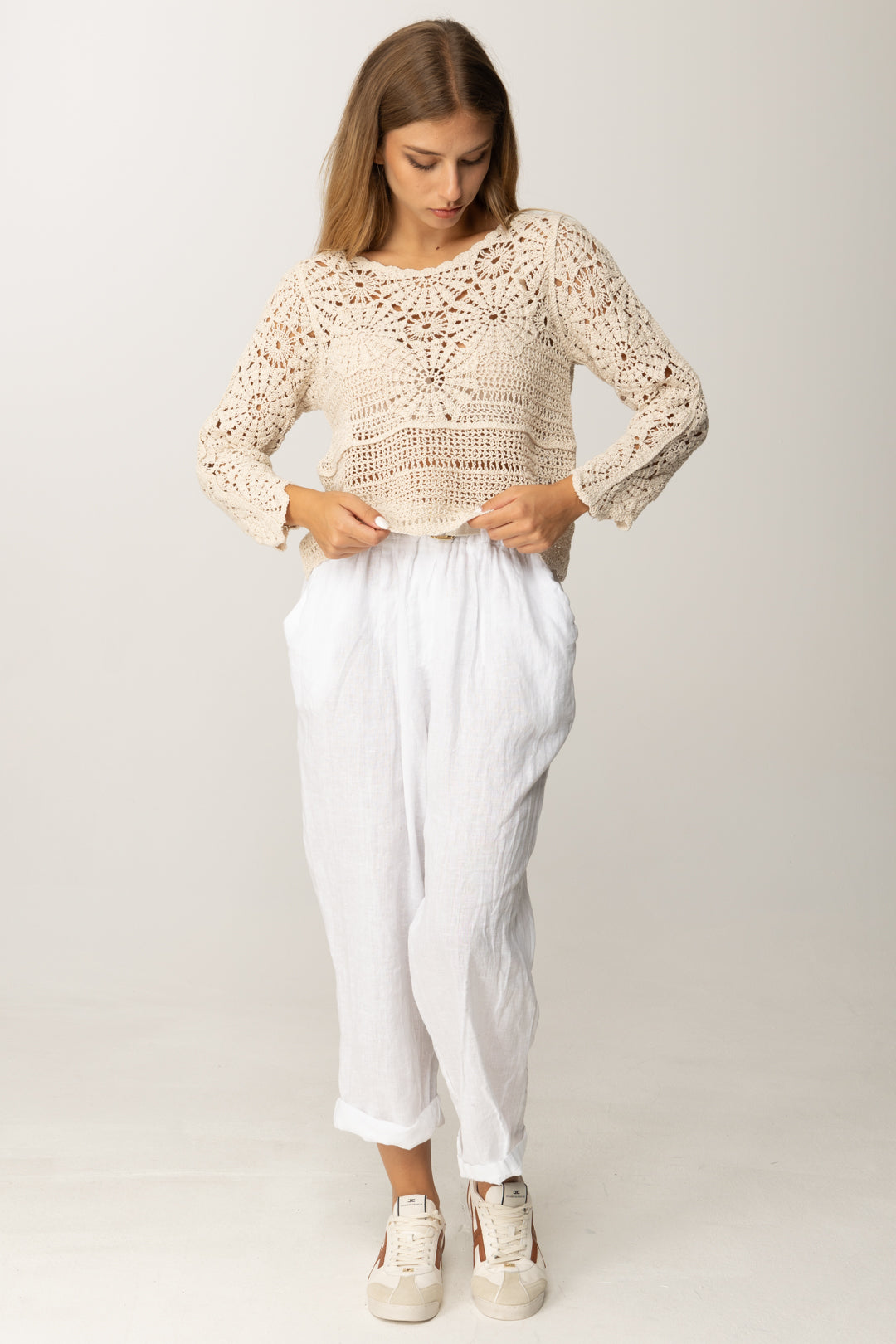 Khloe Femme Maglia In Macramé con Maniche a Tre Quarti SABBIA