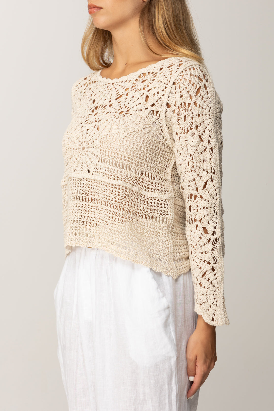 Khloe Femme Maglia In Macramé con Maniche a Tre Quarti SABBIA