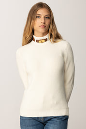 Elisabetta Franchi Maglia In Misto Lana con Colletto Cinturino Gioiello MK05S56E2 MILK