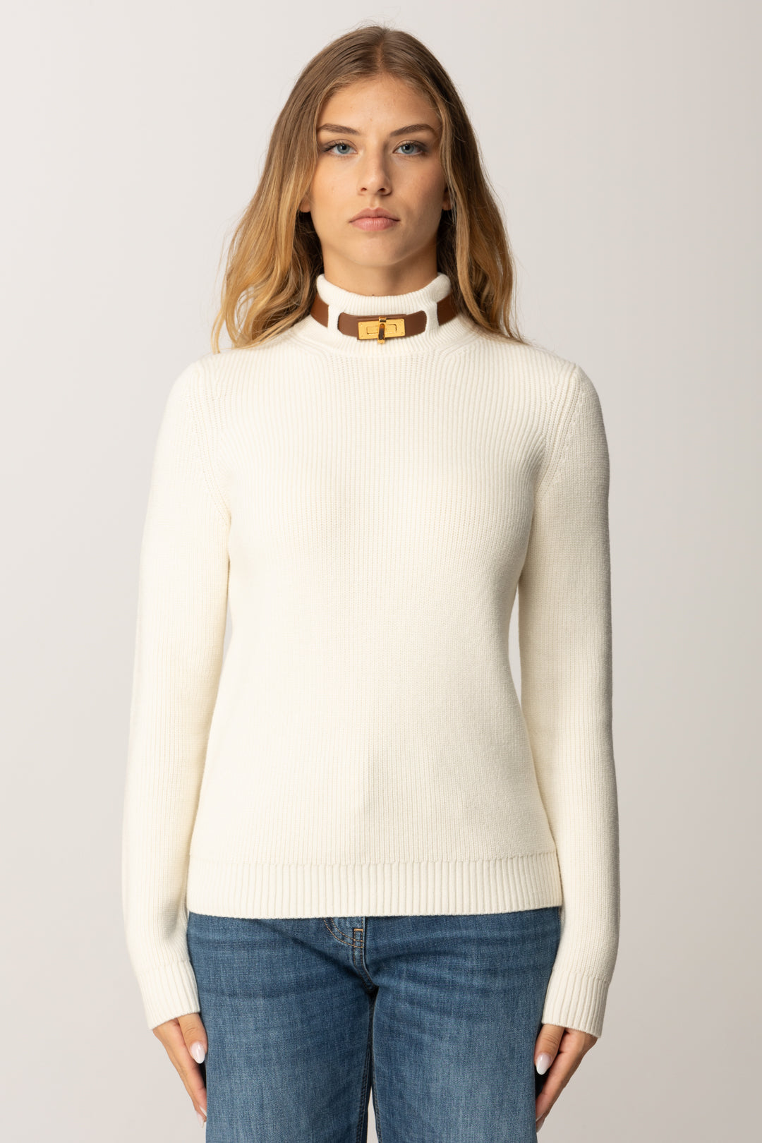 Elisabetta Franchi Maglia In Misto Lana con Colletto Cinturino Gioiello MK05S56E2 MILK