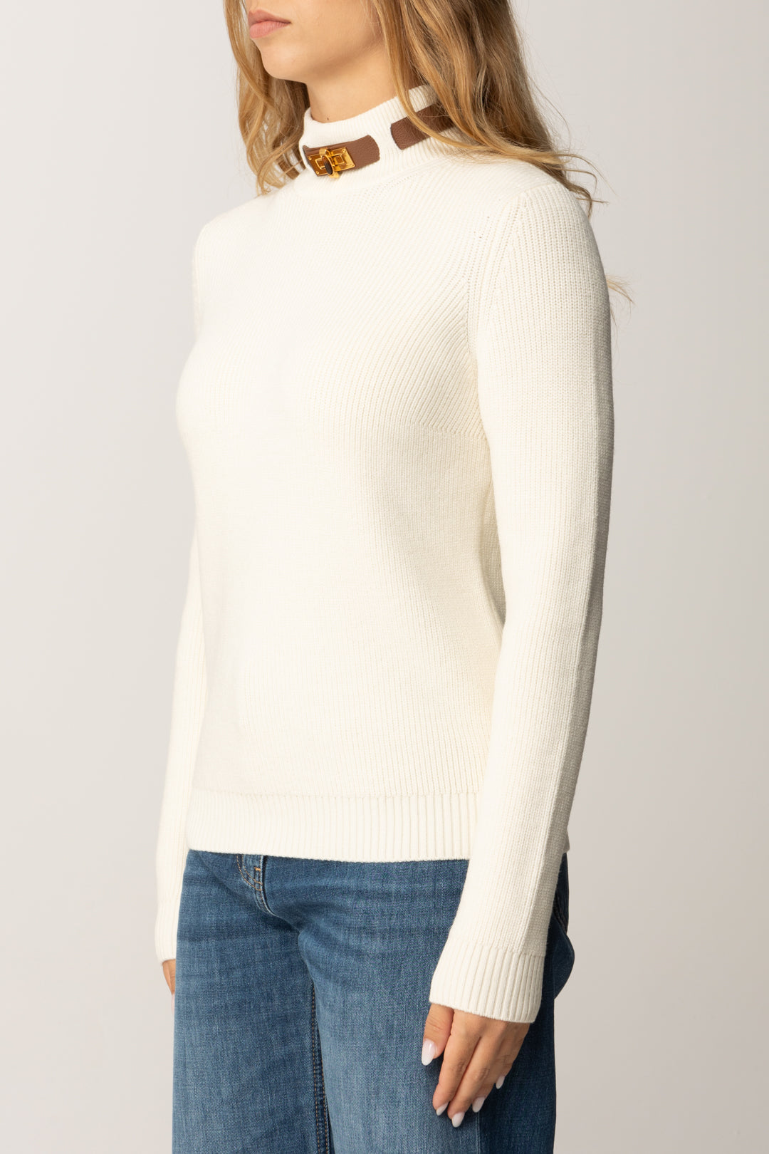 Elisabetta Franchi Maglia In Misto Lana con Colletto Cinturino Gioiello MK05S56E2 MILK