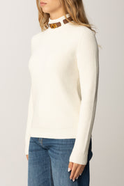 Elisabetta Franchi Maglia In Misto Lana con Colletto Cinturino Gioiello MK05S56E2 MILK