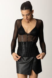 Elisabetta Franchi Maglia In Tulle con Dettagli In Vinile MD00856E2 NERO