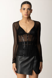 Elisabetta Franchi Maglia In Tulle con Dettagli In Vinile MD00856E2 NERO