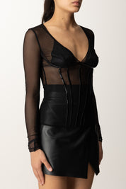 Elisabetta Franchi Maglia In Tulle con Dettagli In Vinile MD00856E2 NERO