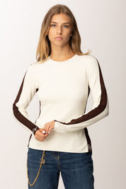 Elisabetta Franchi Maglia In Viscosa con Bande Lucide e Dettagli Logo MK03S56E2 MILK/COFFEE