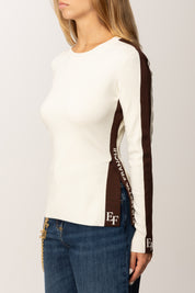 Elisabetta Franchi Maglia In Viscosa con Bande Lucide e Dettagli Logo MK03S56E2 MILK/COFFEE