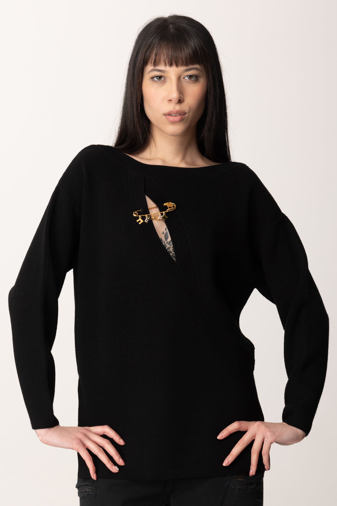 Elisabetta Franchi Maglia In Viscosa con Cut-out e Spilla Gioiello MK51S51E2 NERO