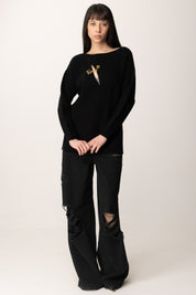 Elisabetta Franchi Maglia In Viscosa con Cut-out e Spilla Gioiello MK51S51E2 NERO