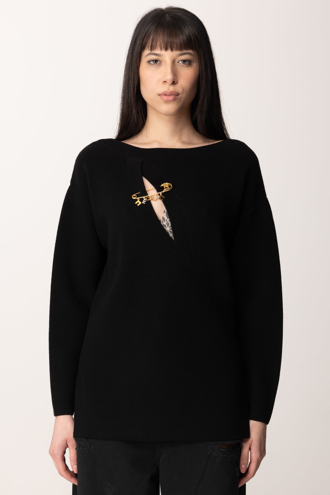 Elisabetta Franchi Maglia In Viscosa con Cut-out e Spilla Gioiello MK51S51E2 NERO