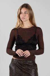 Twin-set Maglia Misto Seta con Top In Pizzo 262TP3010 BIC.DARK COFFEE SCUR