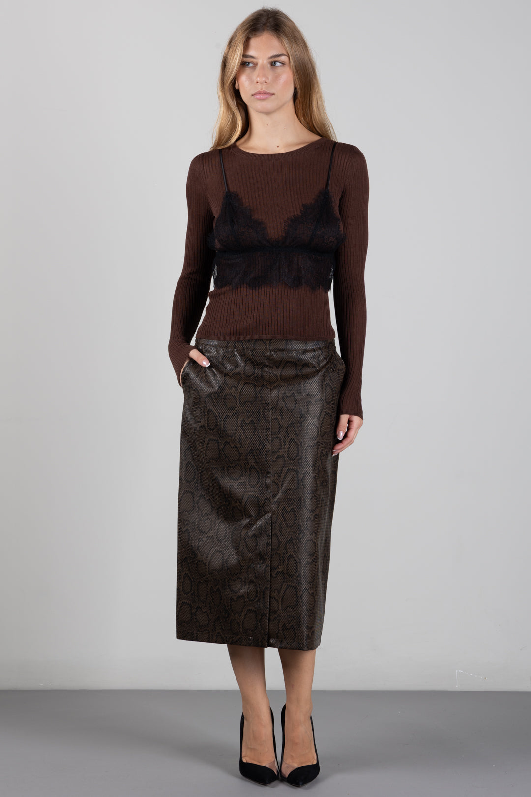 Twin-set Maglia Misto Seta con Top In Pizzo 262TP3010 BIC.DARK COFFEE SCUR