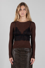 Twin-set Maglia Misto Seta con Top In Pizzo 262TP3010 BIC.DARK COFFEE SCUR