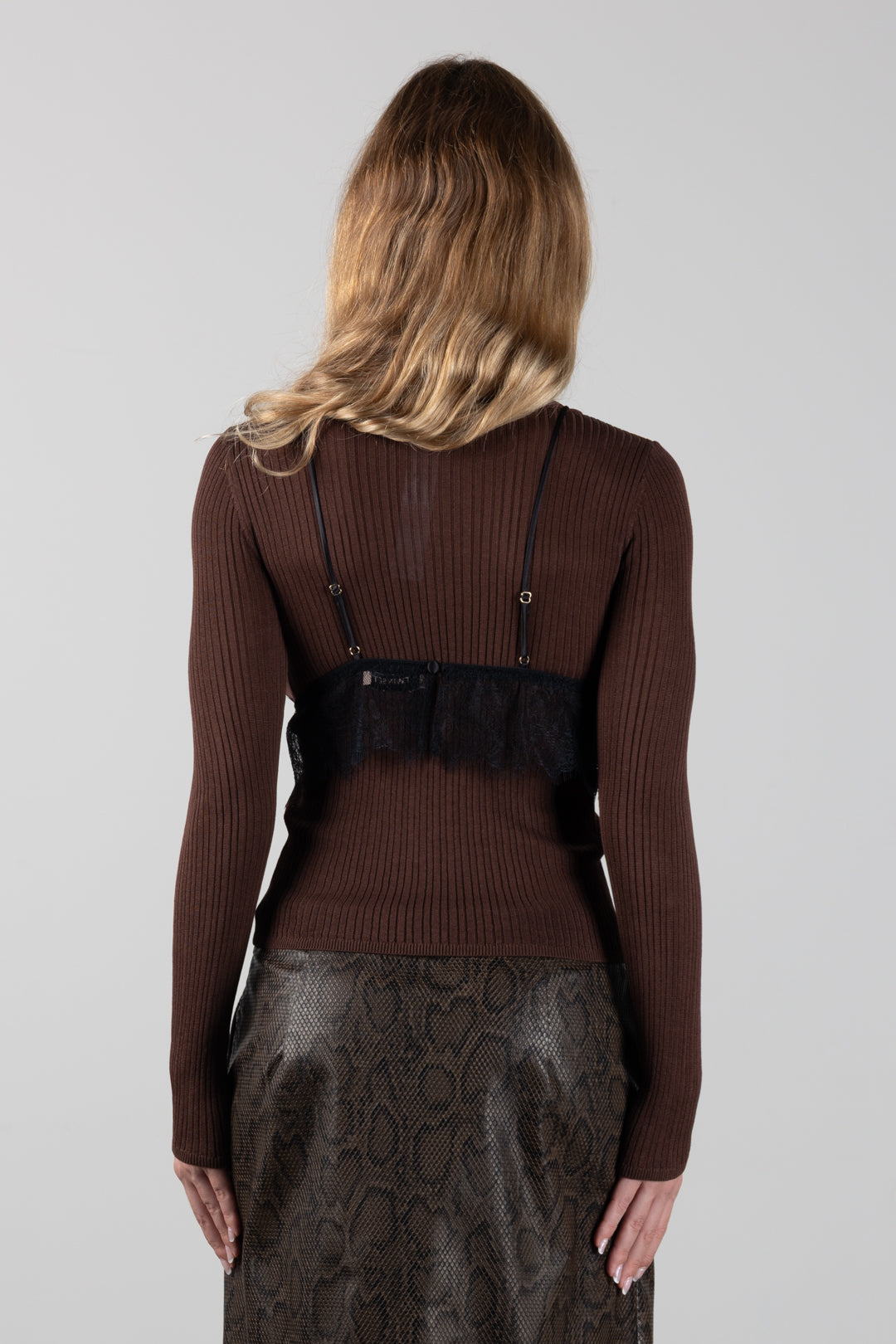 Twin-set Maglia Misto Seta con Top In Pizzo 262TP3010 BIC.DARK COFFEE SCUR