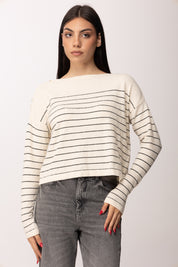 Elisabetta Franchi Maglia Rigata con Bottoni Oro Sulle Spalle MK09Q62E2 BURRO/NERO