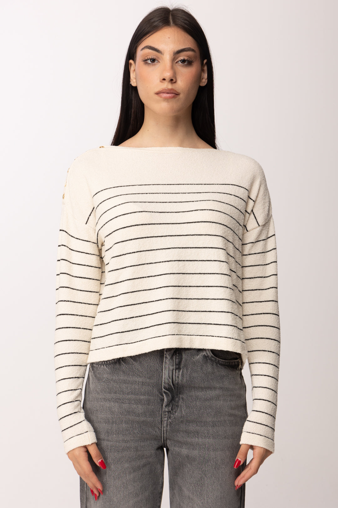 Elisabetta Franchi Maglia Rigata con Bottoni Oro Sulle Spalle MK09Q62E2 BURRO/NERO