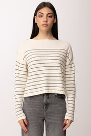 Elisabetta Franchi Maglia Rigata con Bottoni Oro Sulle Spalle MK09Q62E2 BURRO/NERO