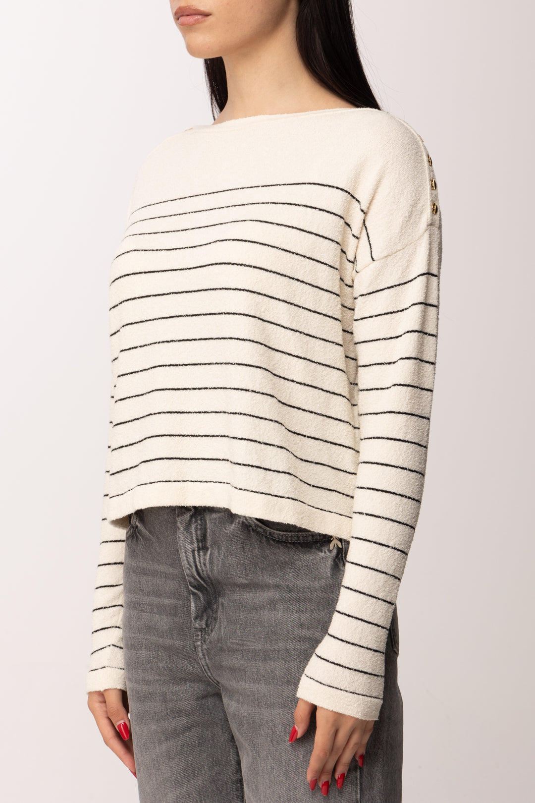Elisabetta Franchi Maglia Rigata con Bottoni Oro Sulle Spalle MK09Q62E2 BURRO/NERO