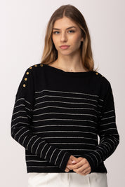 Elisabetta Franchi Maglia Rigata con Bottoni Oro Sulle Spalle MK09Q62E2 NERO/AVORIO