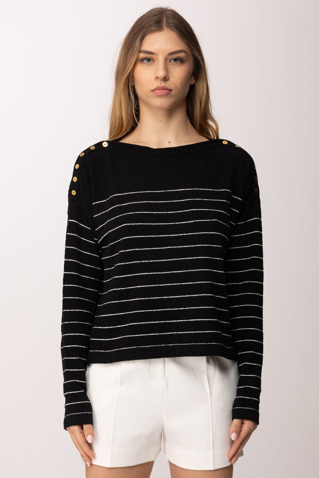 Elisabetta Franchi Maglia Rigata con Bottoni Oro Sulle Spalle MK09Q62E2 NERO/AVORIO