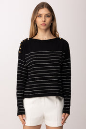 Elisabetta Franchi Maglia Rigata con Bottoni Oro Sulle Spalle MK09Q62E2 NERO/AVORIO