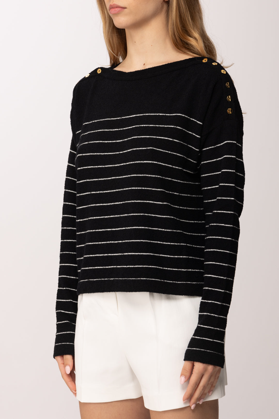 Elisabetta Franchi Maglia Rigata con Bottoni Oro Sulle Spalle MK09Q62E2 NERO/AVORIO